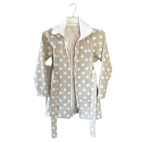 LULULEMON Size Small Beige White Polka Dot Front Zip Hooded Belt Rain Jacket - Picture 2 of 10